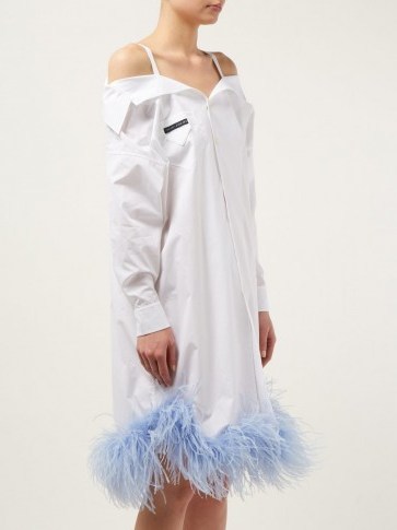 PRADA Feather-trimmed off-the-shoulder white cotton shirtdress ~ luxe shirt dresses - flipped