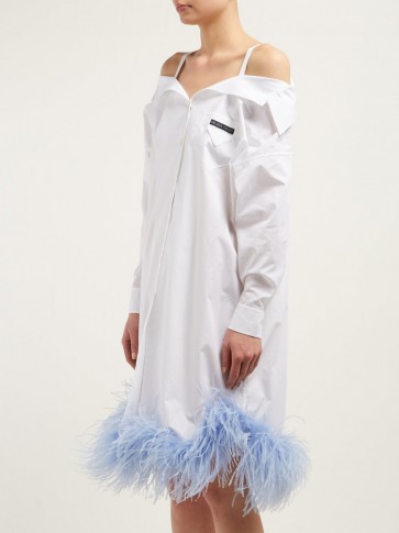 PRADA Feather-trimmed off-the-shoulder white cotton shirtdress ~ luxe shirt dresses