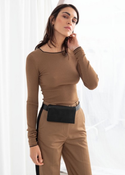 & other stories Fitted Square Neck Micro Knit Top in Camel ~ brown fitted long sleeved tops