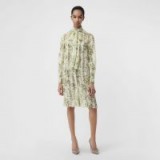 BURBERRY Floral Print Organza Tie-neck Shirt Dress in Lawn Green ~ pussy bow dresses