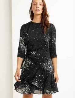 M&S COLLECTION Floral Print 3/4 Sleeve Waisted Mini Dress in Black Mix – ruffled dresses - flipped