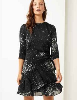 M&S COLLECTION Floral Print 3/4 Sleeve Waisted Mini Dress in Black Mix – ruffled dresses
