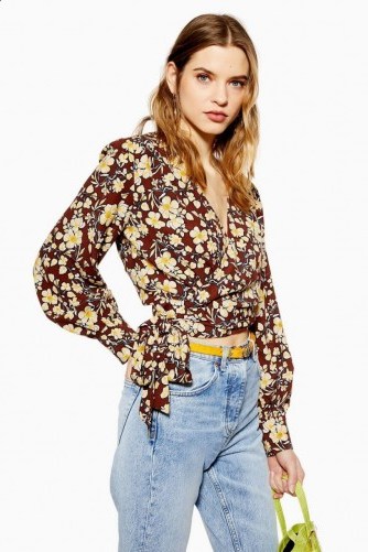 Topshop Floral Wrap Crop Blouse in Brown | retro prints - flipped
