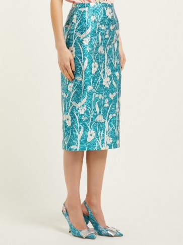 ROCHAS Floral-print duchess satin pencil skirt in blue