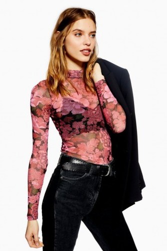 Flower Mesh Funnel Neck Top in Red | sheer floral long sleeve tops - flipped