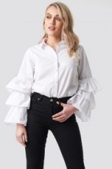 NA-KD Boho Frill Sleeve Covered Buttons Shirt White | frilled sleeved blouses