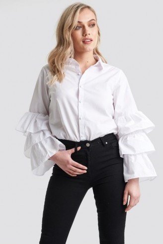 NA-KD Boho Frill Sleeve Covered Buttons Shirt White | frilled sleeved blouses - flipped
