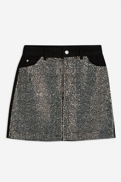 Topshop Gem Denim Skirt in Black | embellished mini