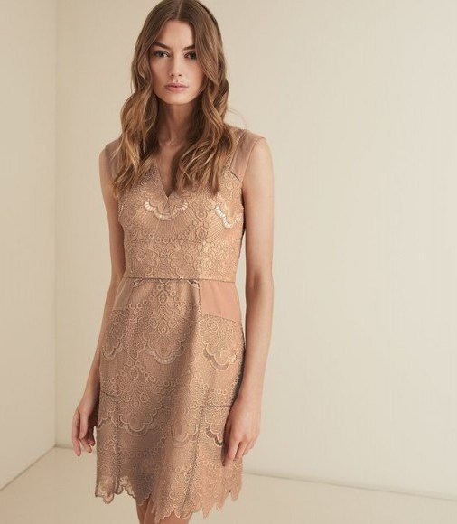 REISS GEMINA LACE FIT AND FLARE DRESS NUDE ~ feminine event clothing - flipped