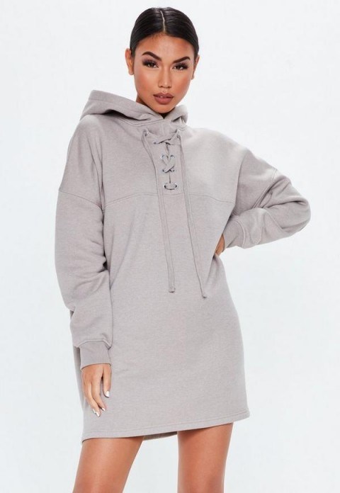 MISSGUIDED grey lace up pocket front hoodie dress – sporty sweat dresses - flipped