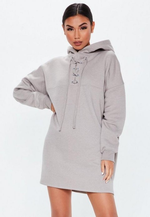 MISSGUIDED grey lace up pocket front hoodie dress – sporty sweat dresses