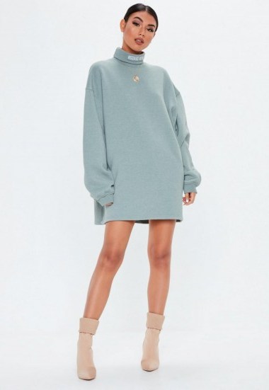 MISSGUIDED grey roll neck embroidered sweater dress ~ sporty dresses - flipped