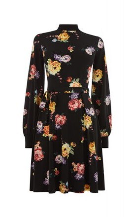 OASIS HIGH NECK BLOUSE DRESS in Black / long sleeve floral fit and flare - flipped