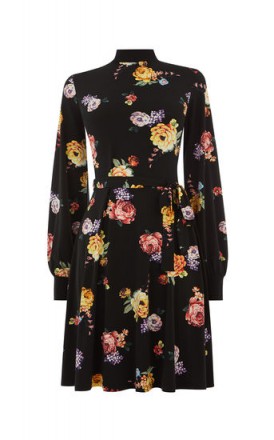 OASIS HIGH NECK BLOUSE DRESS in Black / long sleeve floral fit and flare