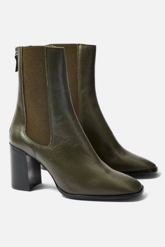 Topshop HUNT Leather Ankle Boots in Olive | dark-green winter boots - flipped