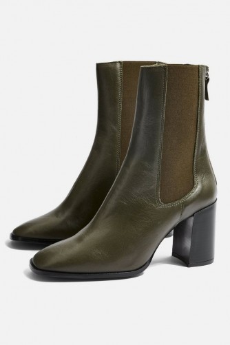 Topshop HUNT Leather Ankle Boots in Olive | dark-green winter boots
