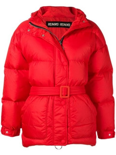 Emily Ratajkowski’s bright padded jacket out in New York City, January 2019, IENKI IENKI oversized puffer jacket in Fiery Red | celebrity street style jackets