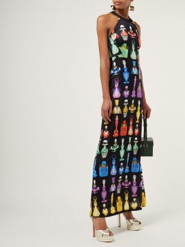 MARY KATRANTZOU Iman black perfume-print halterneck maxi dress ~ beautiful multicoloured prints - flipped