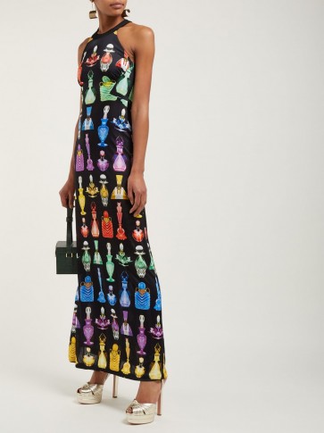 MARY KATRANTZOU Iman black perfume-print halterneck maxi dress ~ beautiful multicoloured prints