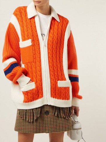 MIU MIU Orange intarsia-stripe and cable-knit wool cardigan ~ chunky retro cardi - flipped