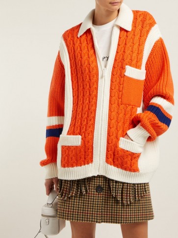 MIU MIU Orange intarsia-stripe and cable-knit wool cardigan ~ chunky retro cardi