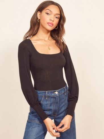Reformation Isla Top in Black | square neck full sleeve tops - flipped