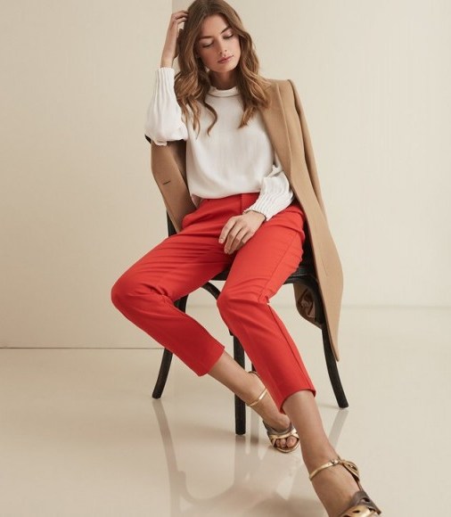 REISS JOANNE CROPPED TAILORED TROUSERS IN RED ~ colour impact pants - flipped