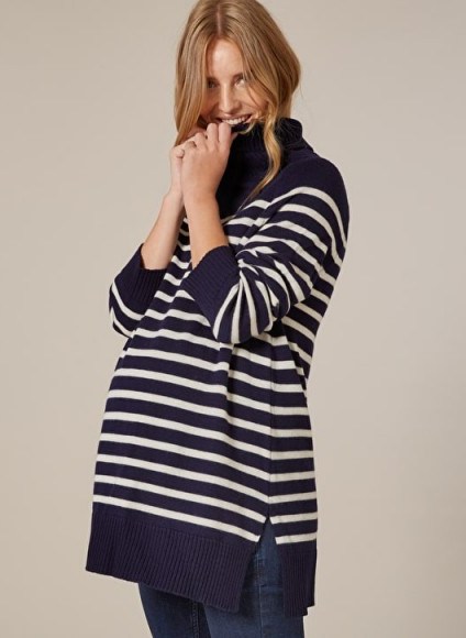 Isabella Oliver JOLIE MATERNITY STRIPE TURTLENECK Navy with White Stripe – pregnancy knitwear - flipped