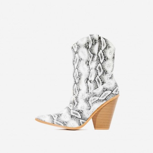 EGO Kani Western Ankle Boot In Grey Snake Print Faux Leather | trendy winter boots - flipped