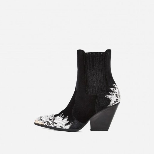 EGO Kelsey Western Ankle Boot In Snake Print Black Velvet | winter tend boots - flipped