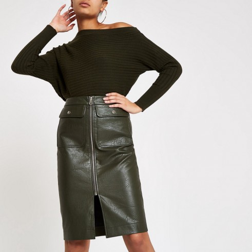 River Island Khaki faux leather zip front midi skirt | dark-green ...