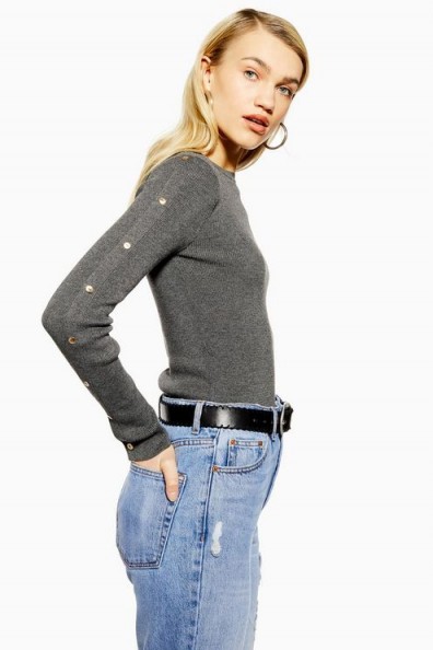 Topshop Knitted Button Sleeve Top in Charcoal | essential classic knits