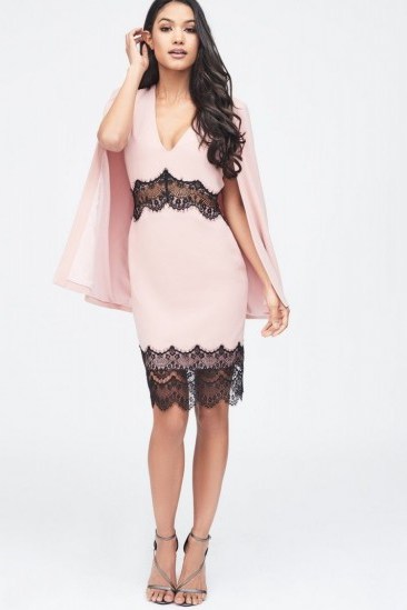 LAVISH ALICE lace insert cape dress in nude – luxe style party fashion - flipped