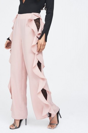 LAVISH ALICE lace insert wide leg trouser in nude – pale pink side ruffle trousers - flipped
