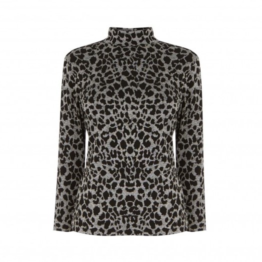 WAREHOUSE LEOPARD JACQUARD POLO NECK TOP GREY PATTERN / wild cat print tops - flipped