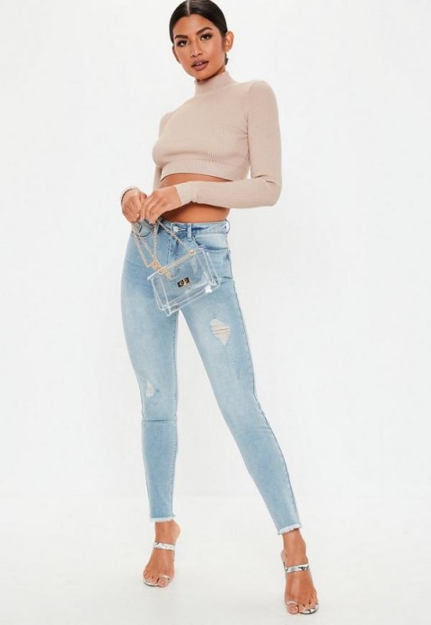 Missguided light blue denim sinner authentic distressed skinny jeans | ripped skinnies