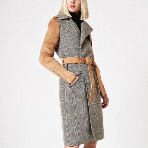 RIVER ISLAND Light brown check suedette trench coat - flipped