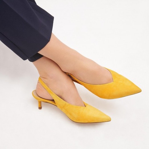 L.K. BENNETT LIVIA YELLOW SUEDE SLINGBACKS in mustard / pointed toe kitten heels - flipped