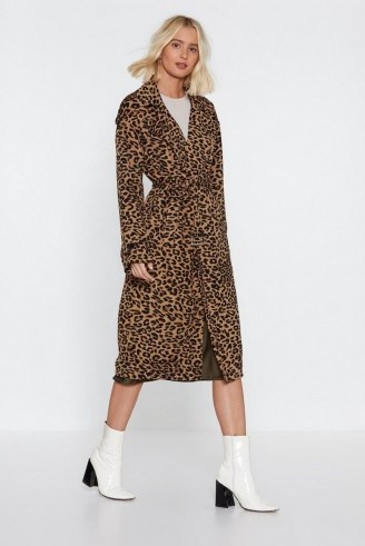 NASTY GAL Long Time Leopard Trench Coat in tan ~ brown animal print coats - flipped