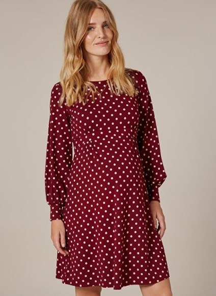 Isabella Oliver LYDIA MATERNITY DRESS in Wine and White Polka – red spot print pregnancy wear - flipped