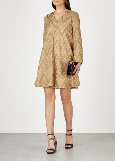 M MISSONI Gold zigzag metallic-knit dress – luxe dresses - flipped