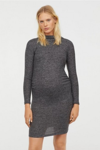 Meghan Markle’s pregnancy style, H&M MAMA Fine-knit dress IN DARK GREY MARL (the Duchess wore a beige version which is now sold out) on a visit to animal charity Mayhew in London, 16 January 2019 | celebrity maternity dresses