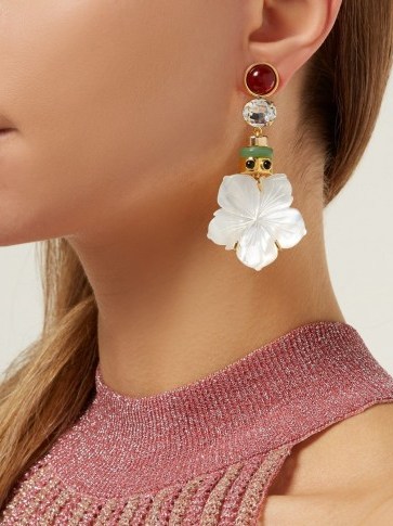LIZZIE FORTUNATO Margerita white mother-of-pearl flower drop earrings ~ crystal and coloured stone statement jewellery - flipped