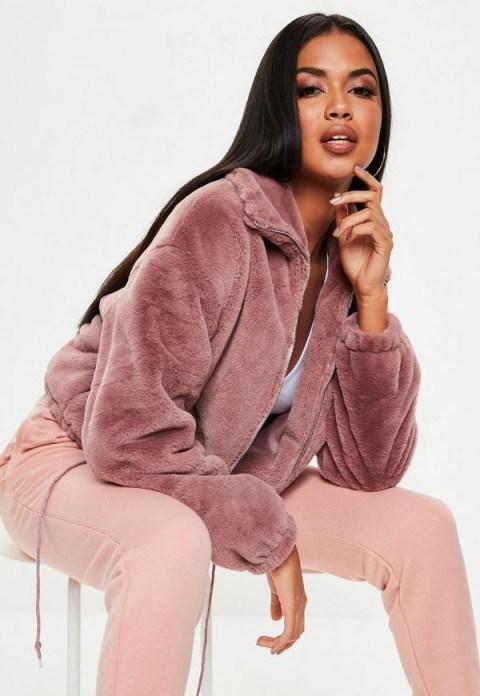 MISSGUIDED mauve faux fur bomber jacket ~ casual luxe - flipped