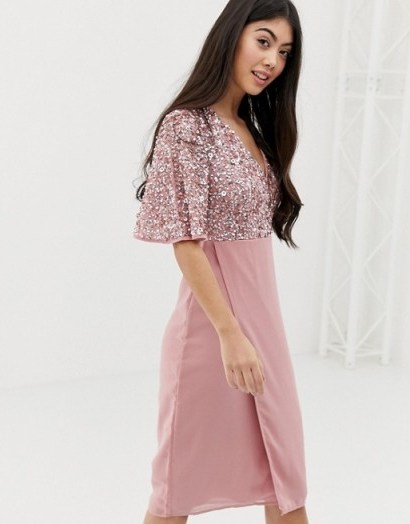 Maya Petite Bridesmaid Sequin Top Midi Pencil Dress With Flutter Sleeve Detail in Vintage Rose ~ pink occasion wear - flipped