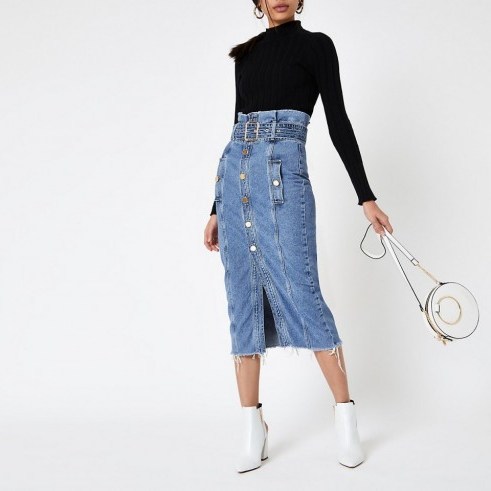 River Island Mid blue paperbag denim midi skirt | high waist button front skirts - flipped