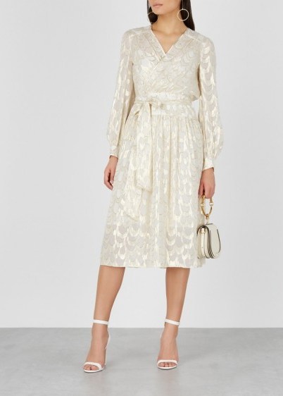 MILLY Katy ivory fil coupé silk-blend dress ~ feminine metallic thread dresses - flipped