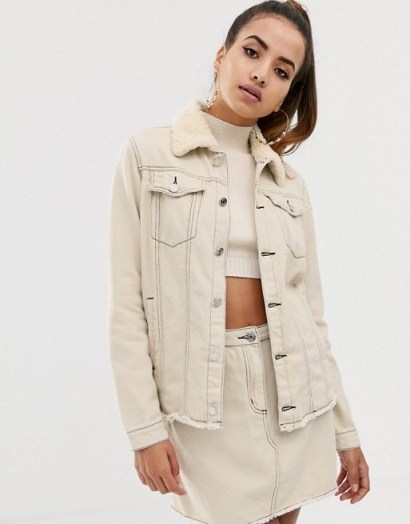 Missguided co-ord denim jacket with borg collar and contrast stitch in ecru | neutral casual jackets - flipped