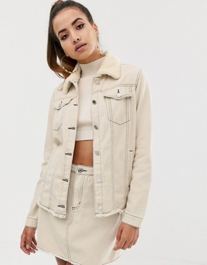 Missguided co-ord denim jacket with borg collar and contrast stitch in ecru | neutral casual jackets