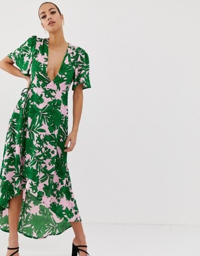 Missguided plunge wrap front midi dress in pink with green tropical palm print - flipped